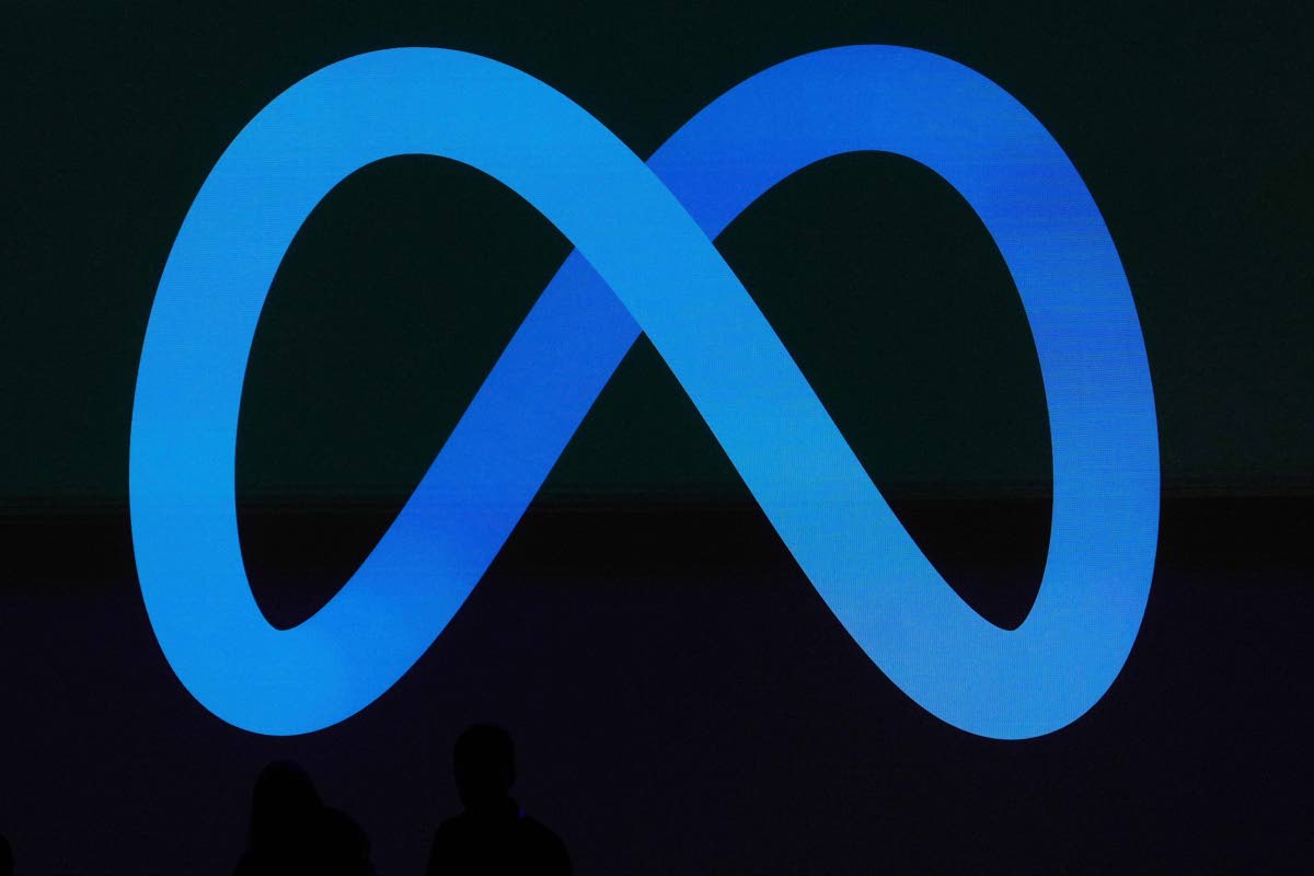 A Meta logo is shown on a video screen at LlamaCon 2025, an AI developer conference, in Menlo Park, California, in April 2025.   