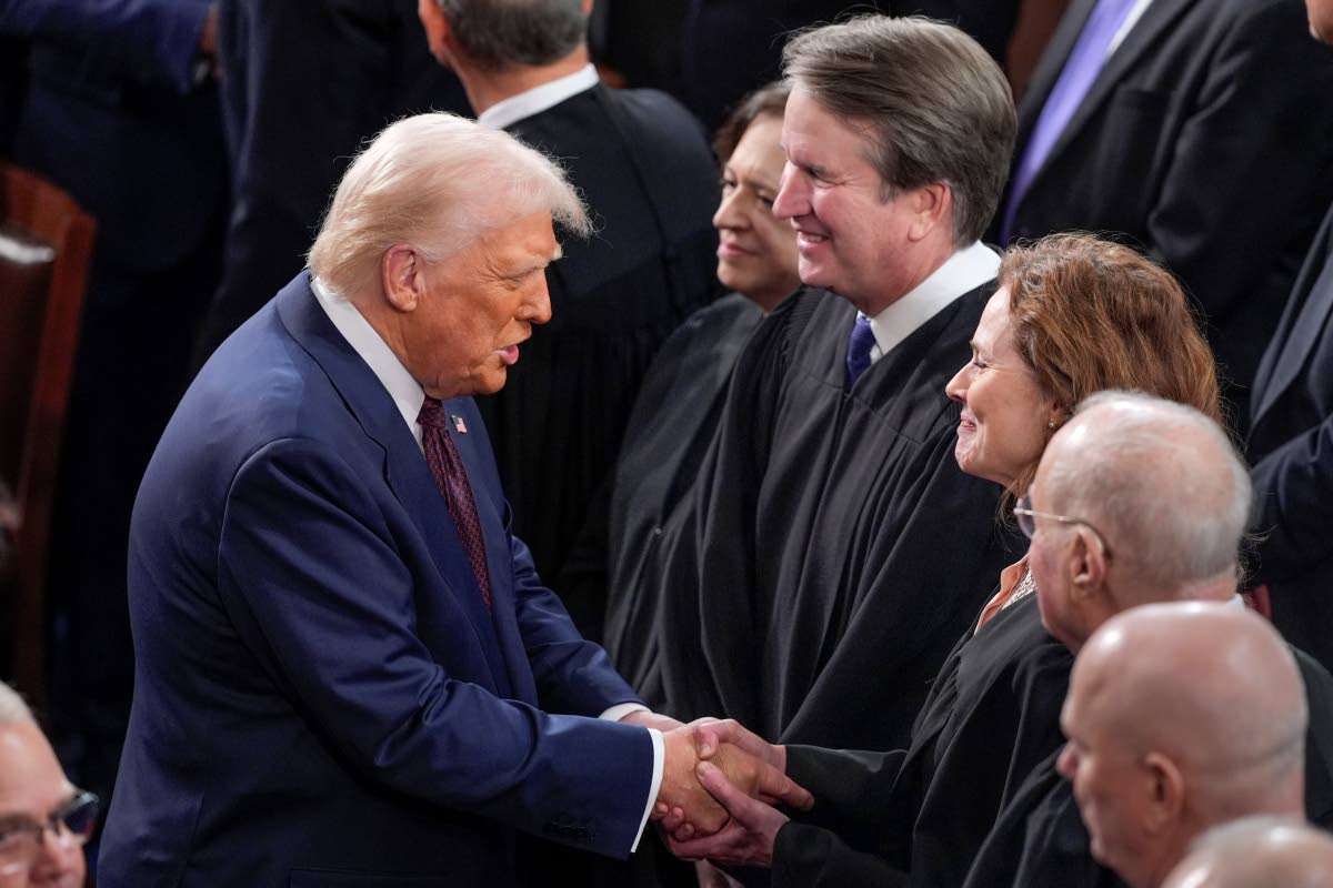 US President Donald Trump (left) greets justices of the Supreme Court (from second left) Elena Kagan, Brett Kavanaugh and Amy Coney Barrett, before addressing a joint session of Congress at the Capitol in Washington on March 4, 2025. 