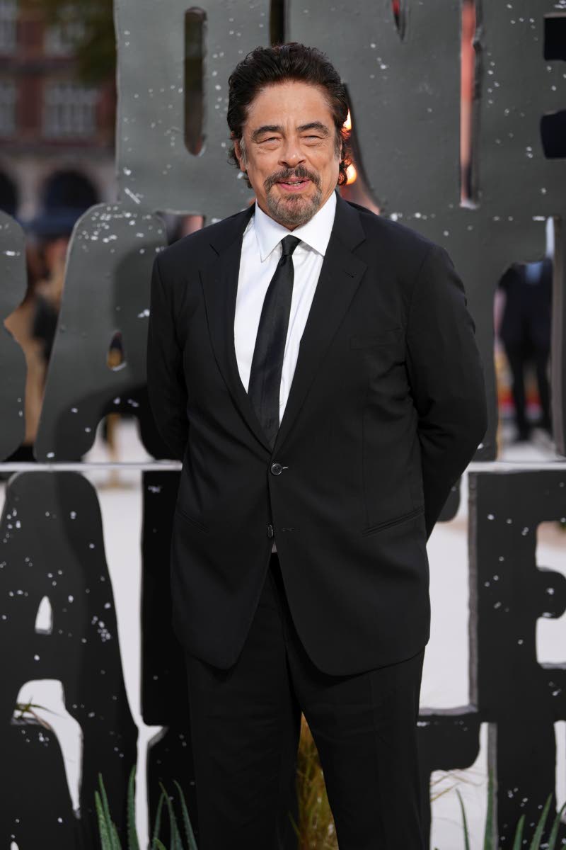 Benicio Del Toro makes a sharp appearance in a black suit. 