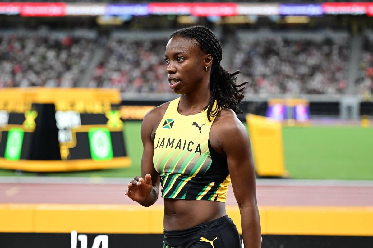 Ackelia Smith reacts during the women’s triple jump qualifying round at the World Athletics Championships in Tokyo, Japan yesterday. 