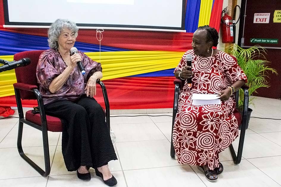 Olive Senior (left) speaks as she is interviewed by Professor Opal Palmer Adisa during her Conversations with Olive Senior Book Launch on Thursday.