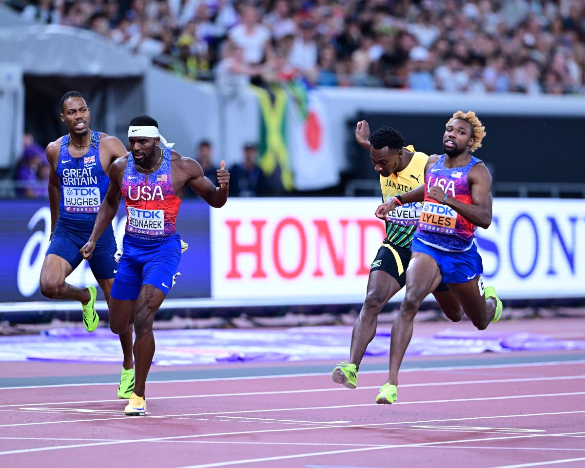 From left: Zharnel Hughes of Great Britain, USA’s Kenny Bednarek, Jamaica’s Bryan Levell and USA’s Noah Lyles as they crossed the line in the men’s 200m final. Lyles won his fourth 200m gold medal in 19.52 seconds with teammate Kenneth Bednarek (19