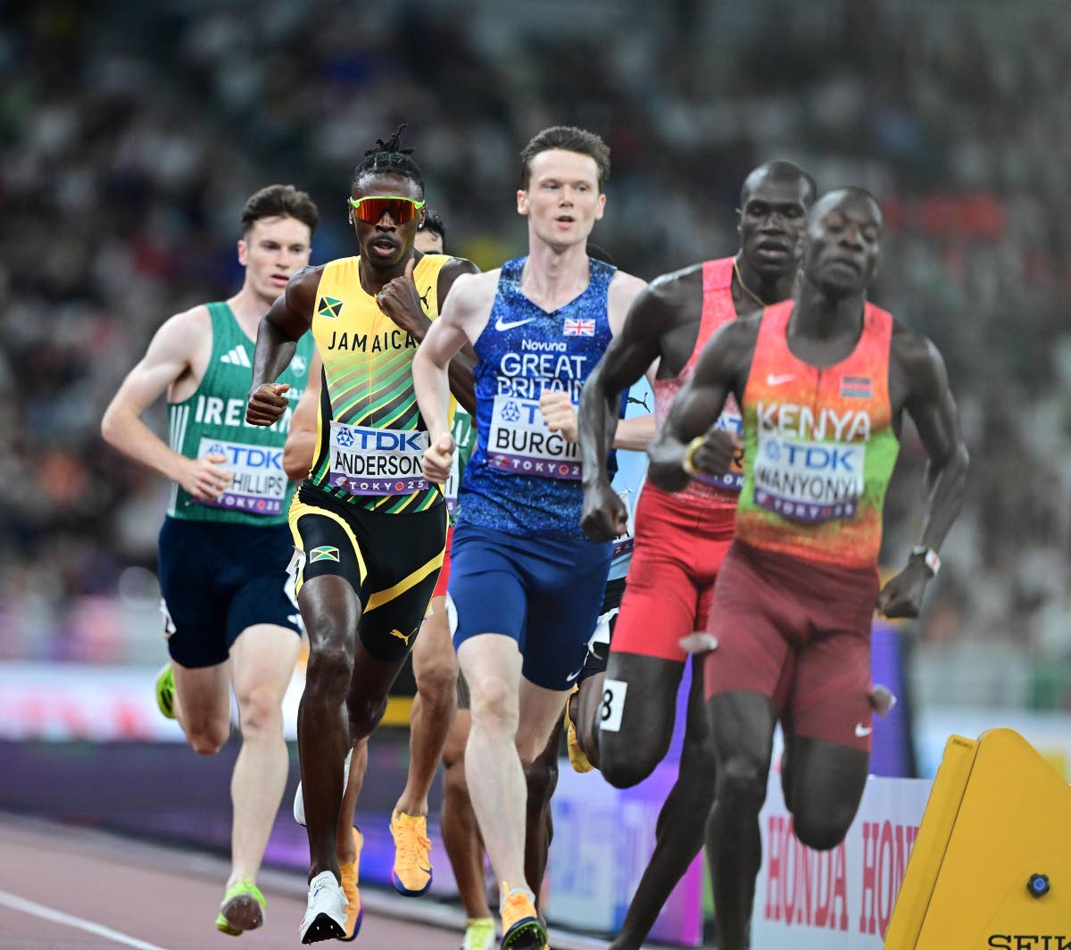 Navasky Anderson (second left) competes in the men’s 800-metre final at the World Athletics Championships in Tokyo, Japan yesterday.