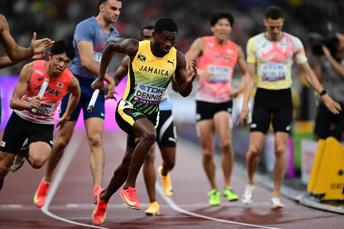 Jasauna Dennis of Jamaica on the third leg of the men’s 4x400m relay heats on day eight of the 2025 World Athletics Championships. Jamaica placed fourth with a season’s best 2:59.13. 