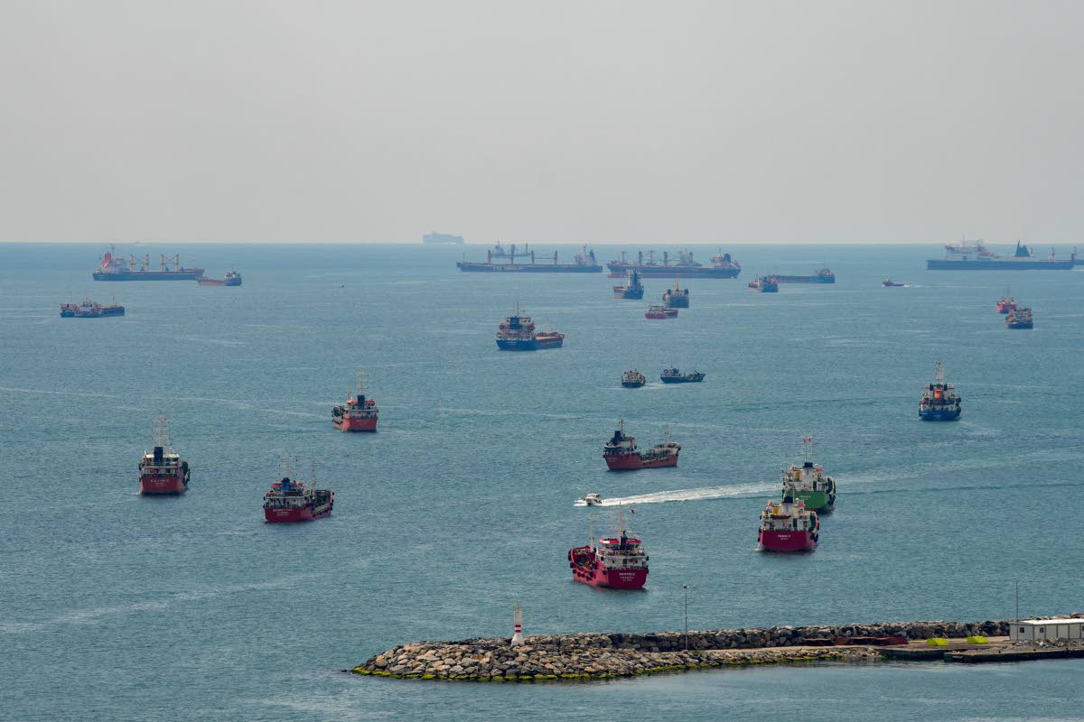 Cargo ships are anchored in the Sea of Marmara as they await to cross the Bosphorus in Istanbul, Turkey, on April 13, 2025.