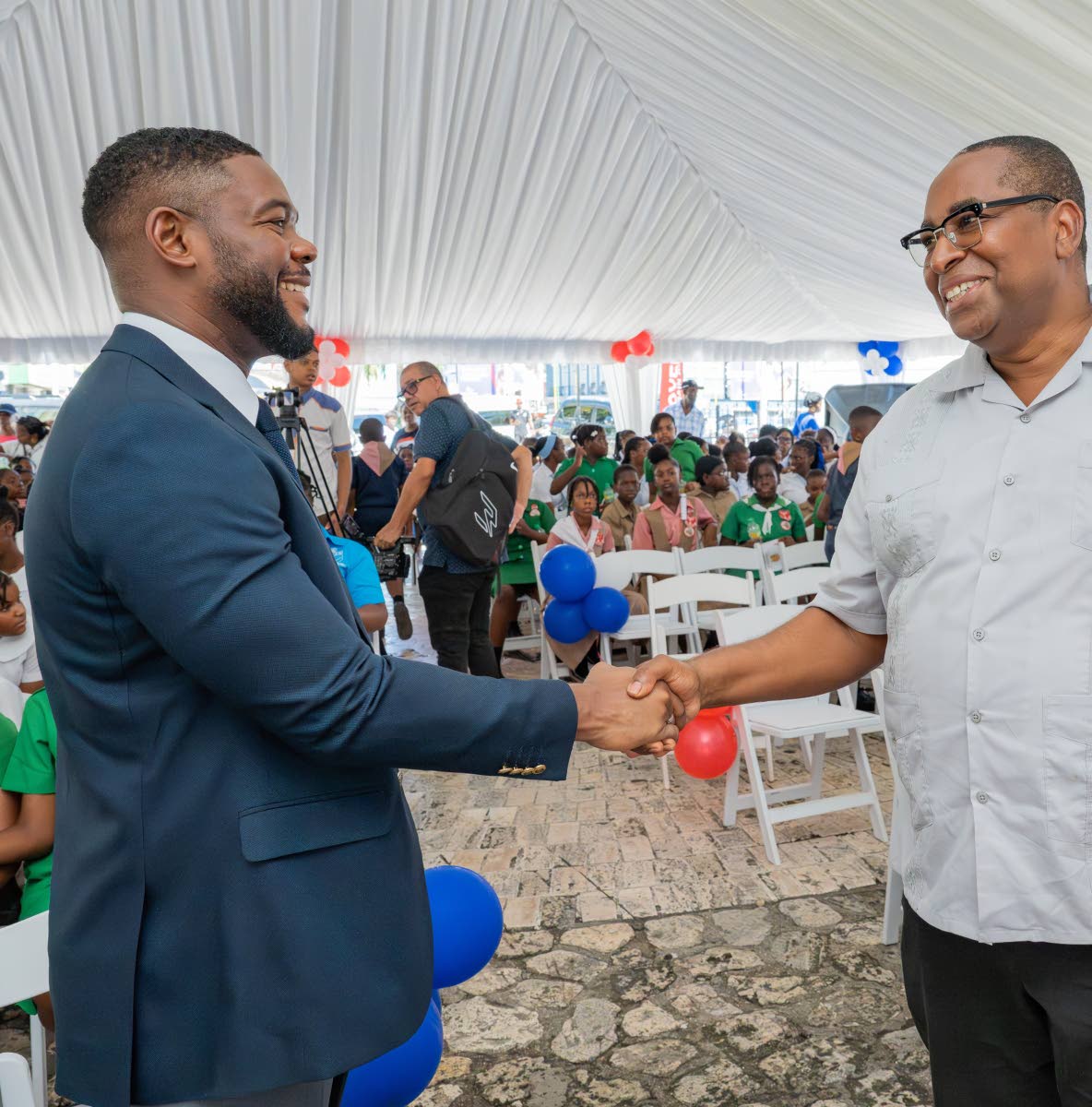 Montego Bay Mayor Richard Vernon (left) greets Chetwood Memorial Primary Principal Garvin Atkinson.