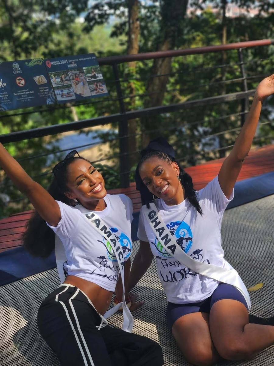 Miss Universe Jamaica 2025 Dr Gabrielle Henry poses with Miss Universe Ghana Andromeda Peters (right) during lunch at @threemonkeysrestaurant in Thailand. 