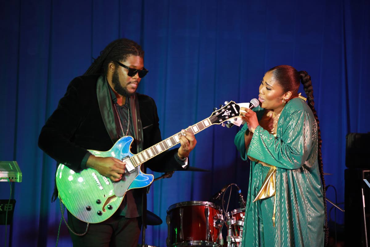 Lamont ‘Monty’ Savory (left) and Apryl Jaye Raymond reimagining the Beres Hammond classic, ‘No Disturb Sign’, as a jazz standard, during their acoustic Beres Hammond medley.