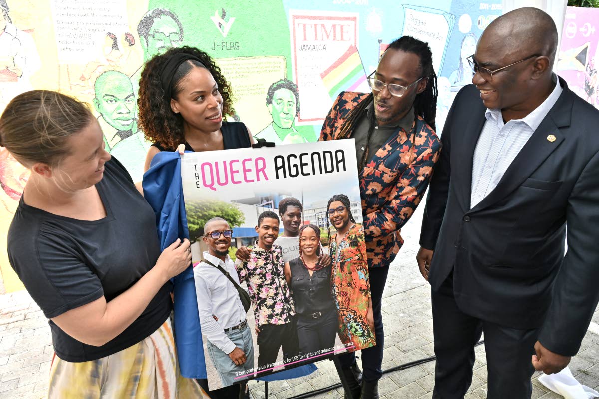 
Looking at the Queer Agenda after its unveiling are (from left) Belgian Ambassador Ellen De Geest; Louise McCollin, head of political affairs and communications of the British High Commission; Glenroy Murray, executive director of Equality for All Foundat