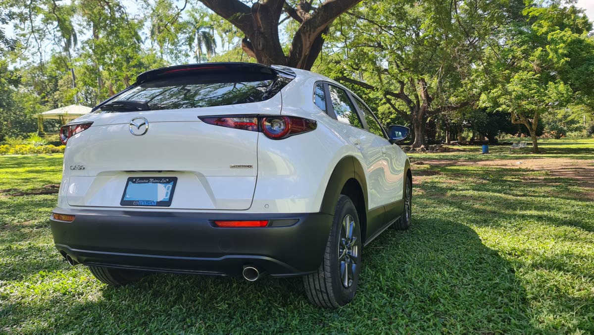 From the rear, the distinct tail light design and minimalist badging underscore the crossover’s premium, uncluttered aesthetic.