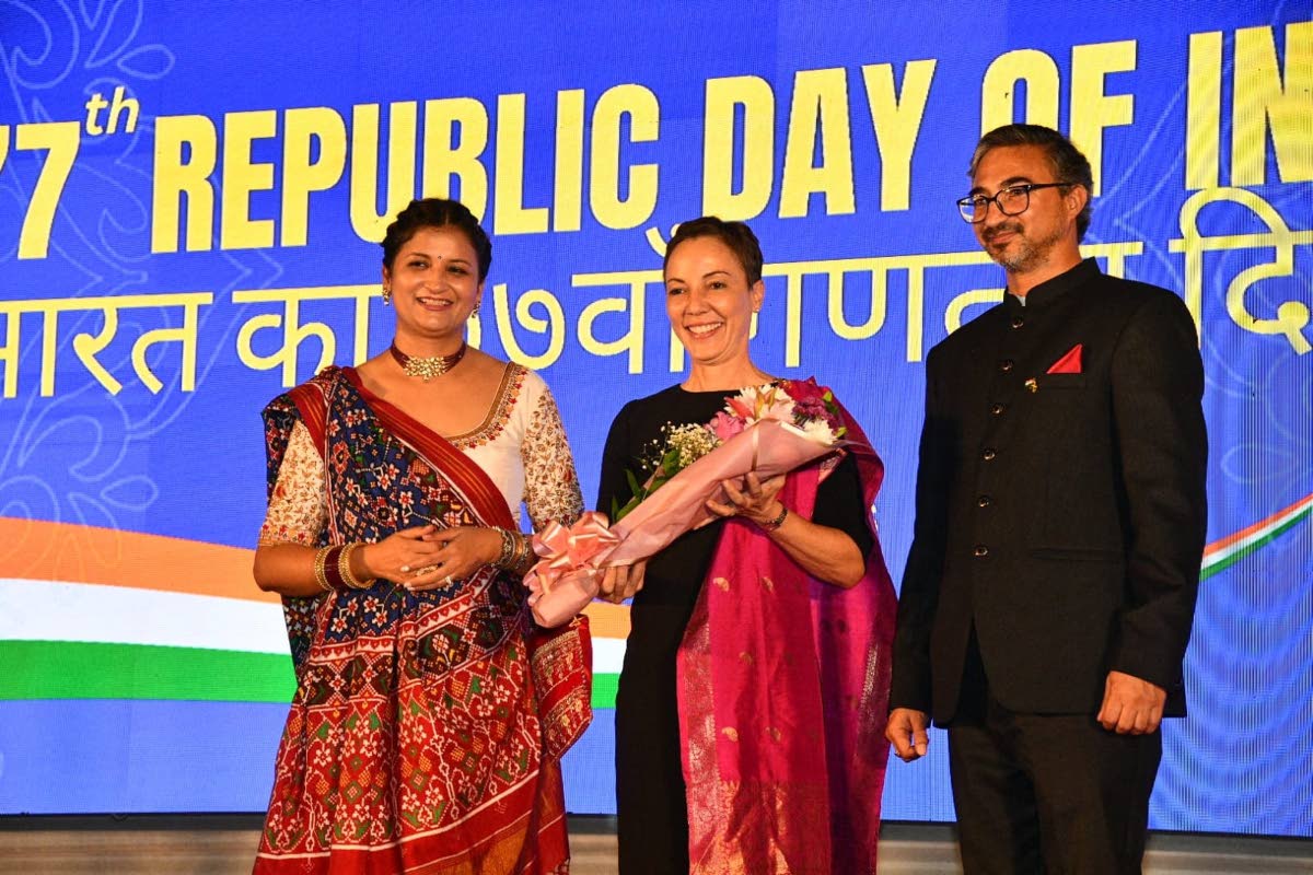 Senator Kamina Johnson Smith (centre), minister of foreign affairs and foreign trade, with Mayank Joshi, Indian high commissioner to Jamaica, and his wife, Isha Joshi.