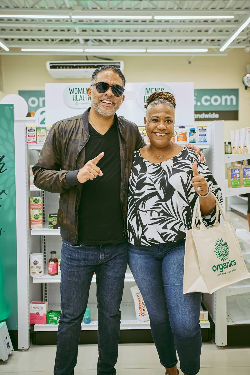 Jason Russell, businessman and president of the Montego Bay Chamber of Commerce and Industry, poses with Organica customer Donna Stuart, assistant vice president, corporate affairs at Main Event.
