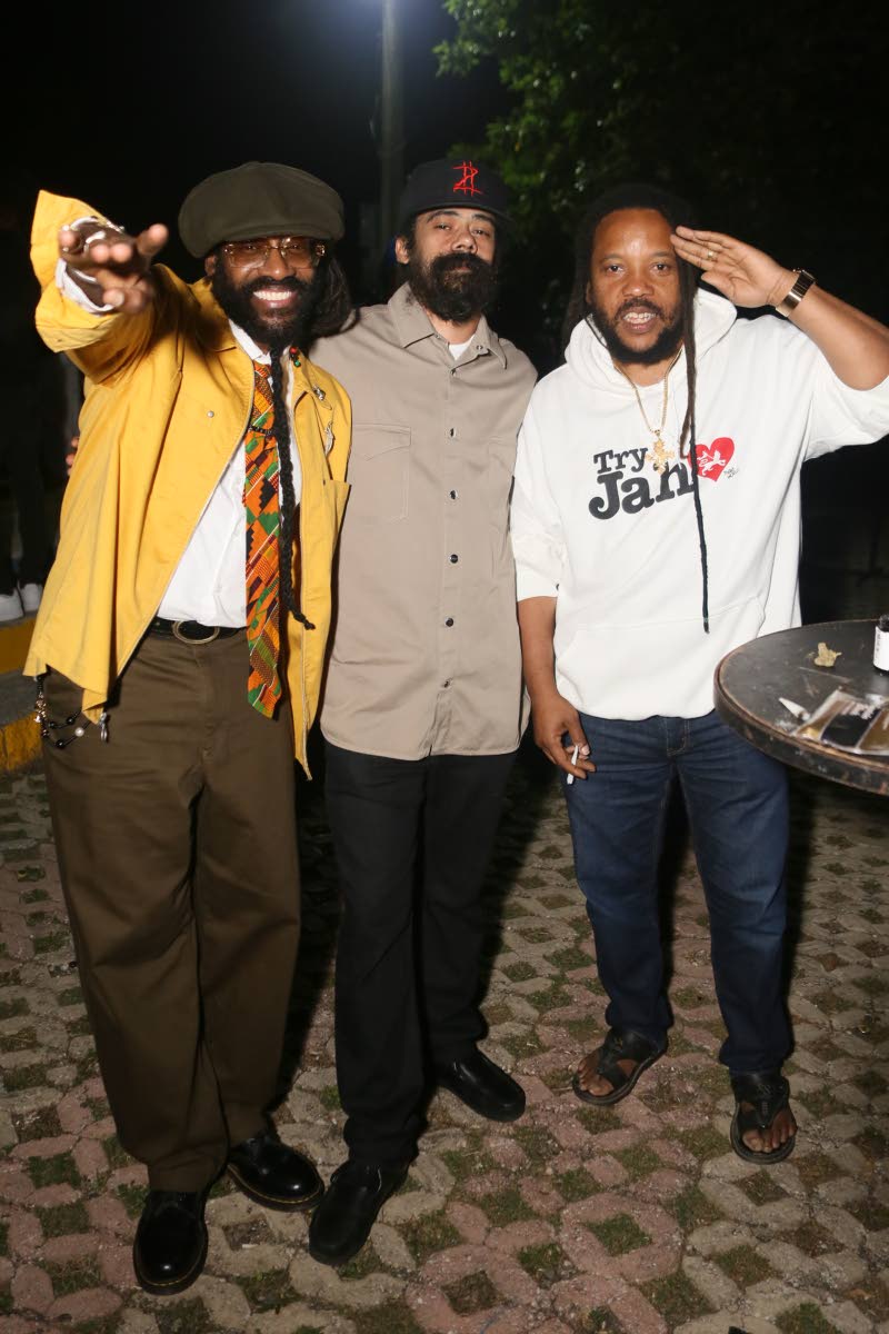 From left: Tarrus Riley, Damian ‘Jr  Gong’ Marley and Stephen Marley pause for the camera backstage at A Musical Tribute to Stephen ‘Cat’ Coore.