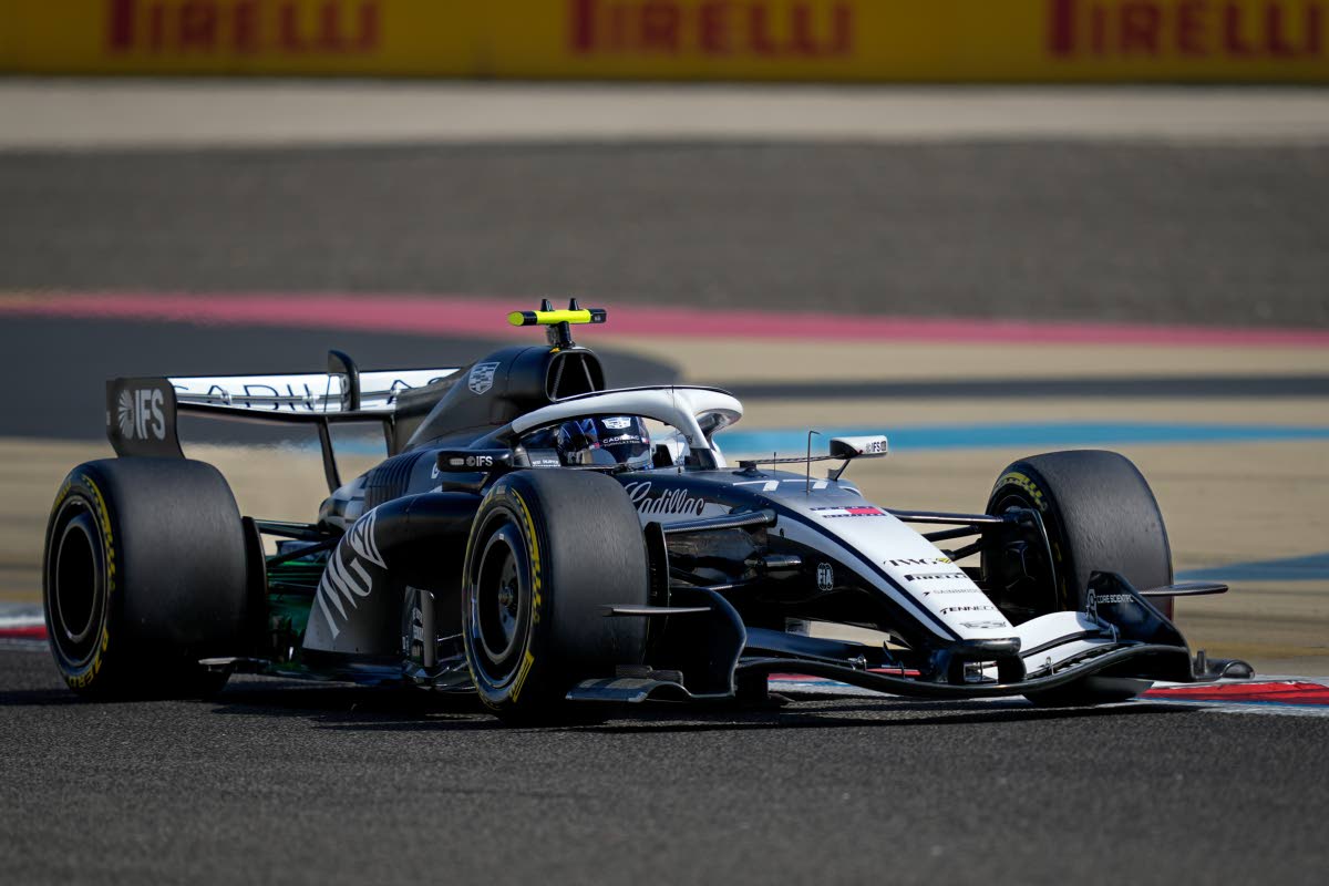 Cadillac driver Valtteri Bottas of Finland steers his car on the third day of Formula One pre-season test at the Bahrain International Circuit in Sakhir, Bahrain, Friday, February 13, 2026.