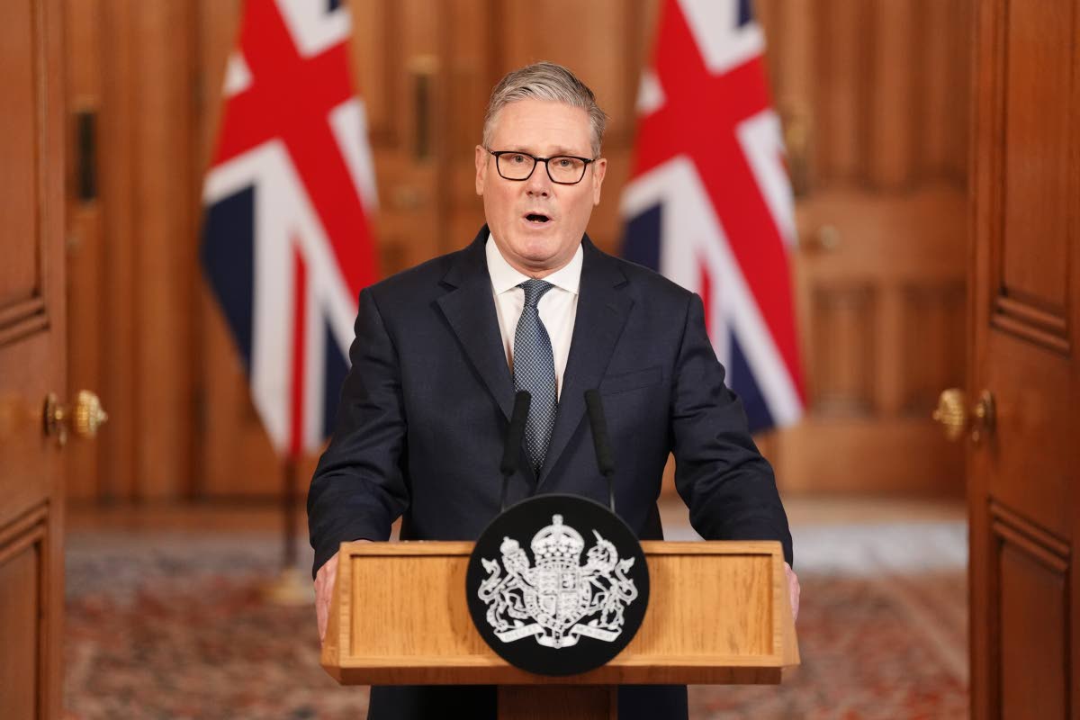 Britain's Prime Minister Keir Starmer issues a statement at 10 Downing Street, London, on the latest developments in the Middle East on February 28, 2026. (Jonathan Brady/Pool via AP)