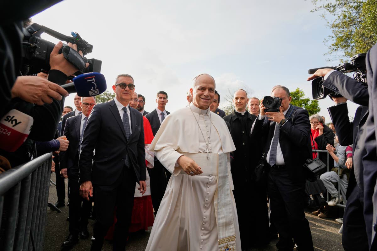 Pope Leo XIV visits the parish complex of the Santa Maria della Presentazione on the outskirts of Rome, Sunday, March 8, 2026. (AP Photo)