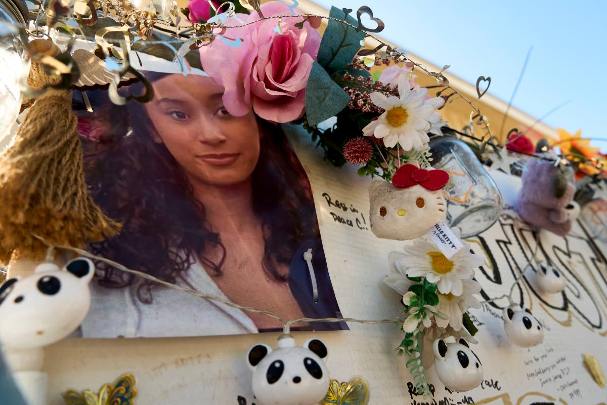  A makeshift memorial for Celeste Rivas Hernandez, whose body was found inside a vehicle owned by singer D4vd, is displayed outside her home in Lake Elsinore, California, on April 21.