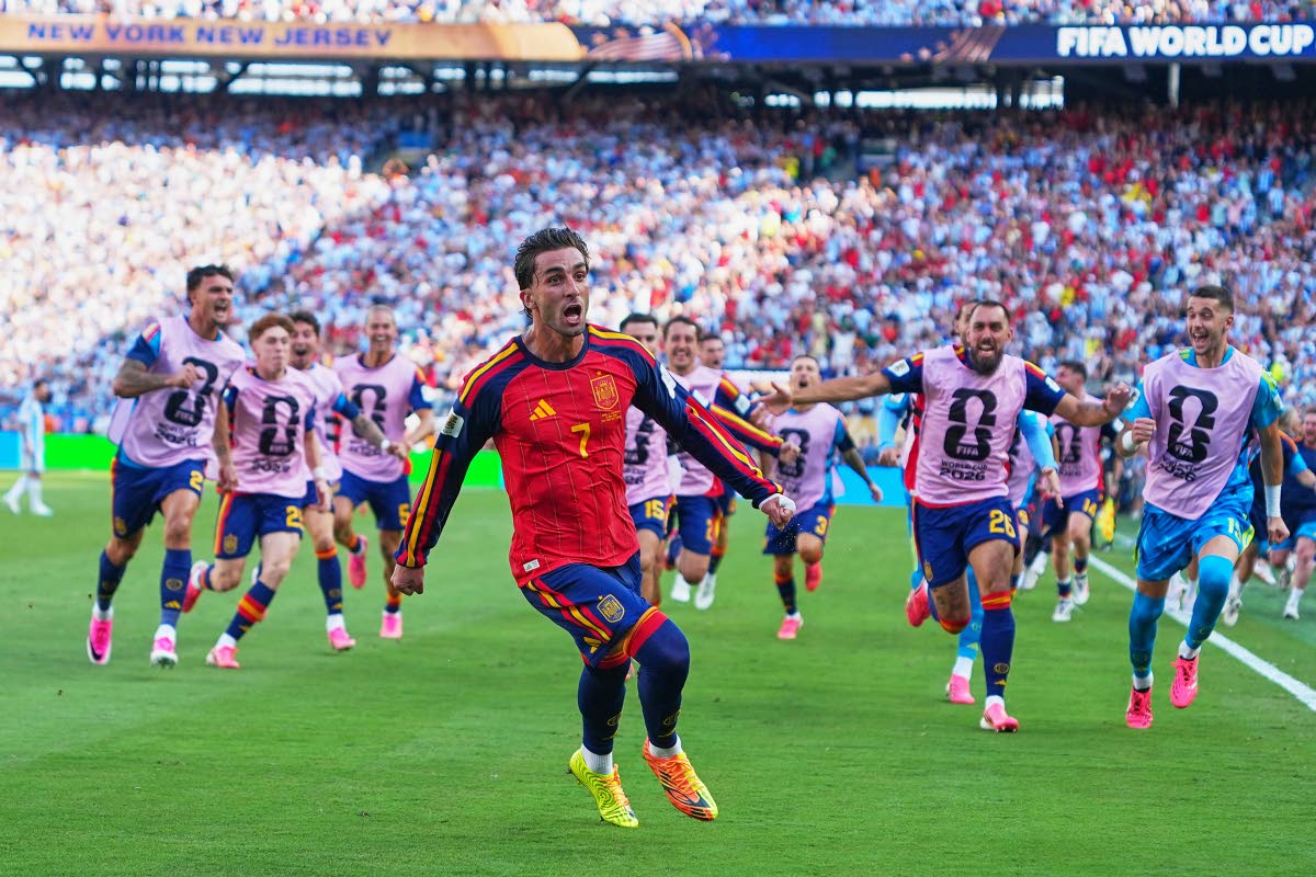 Spain’s Ferran Torres (7) celebrates after scoring the winner against Argentina  during the World Cup final in East Rutherford, New Jersey. 
