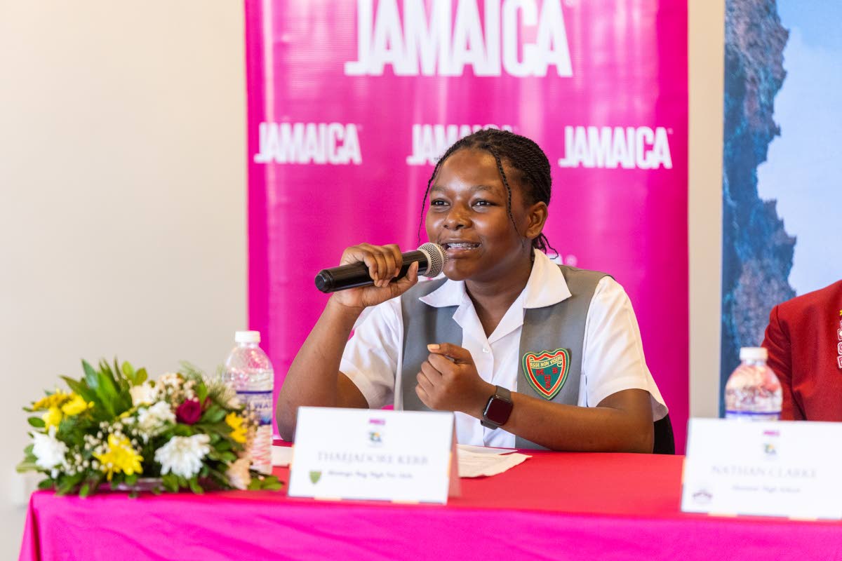 Montego Bay High School for Girls student Thaejadore Kerr makes a point during the finals of the Minister of Tourism Public Speaking Competition, where she emerged the winner.