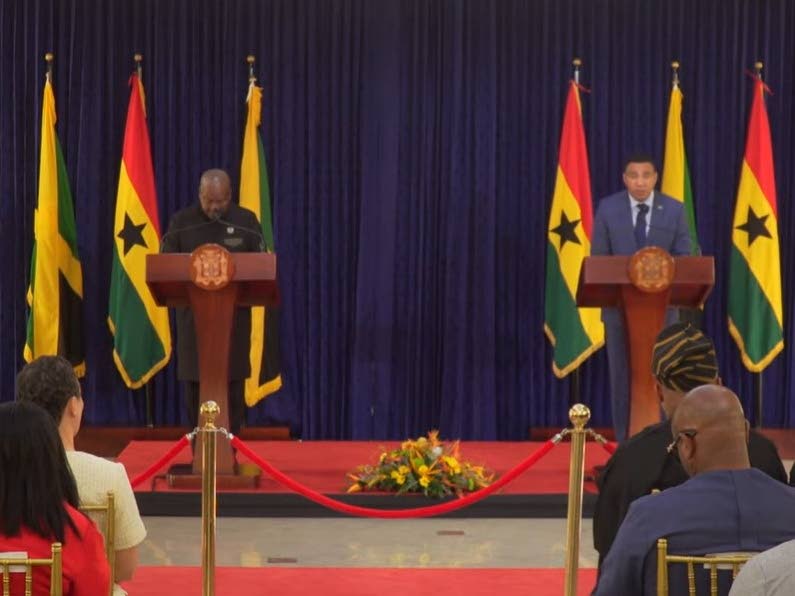 Prime Minister Dr Andrew Holness and President of the Republic of Ghana, John Mahama, speaking at a press conference at Jamaica House on August 3, 2026.