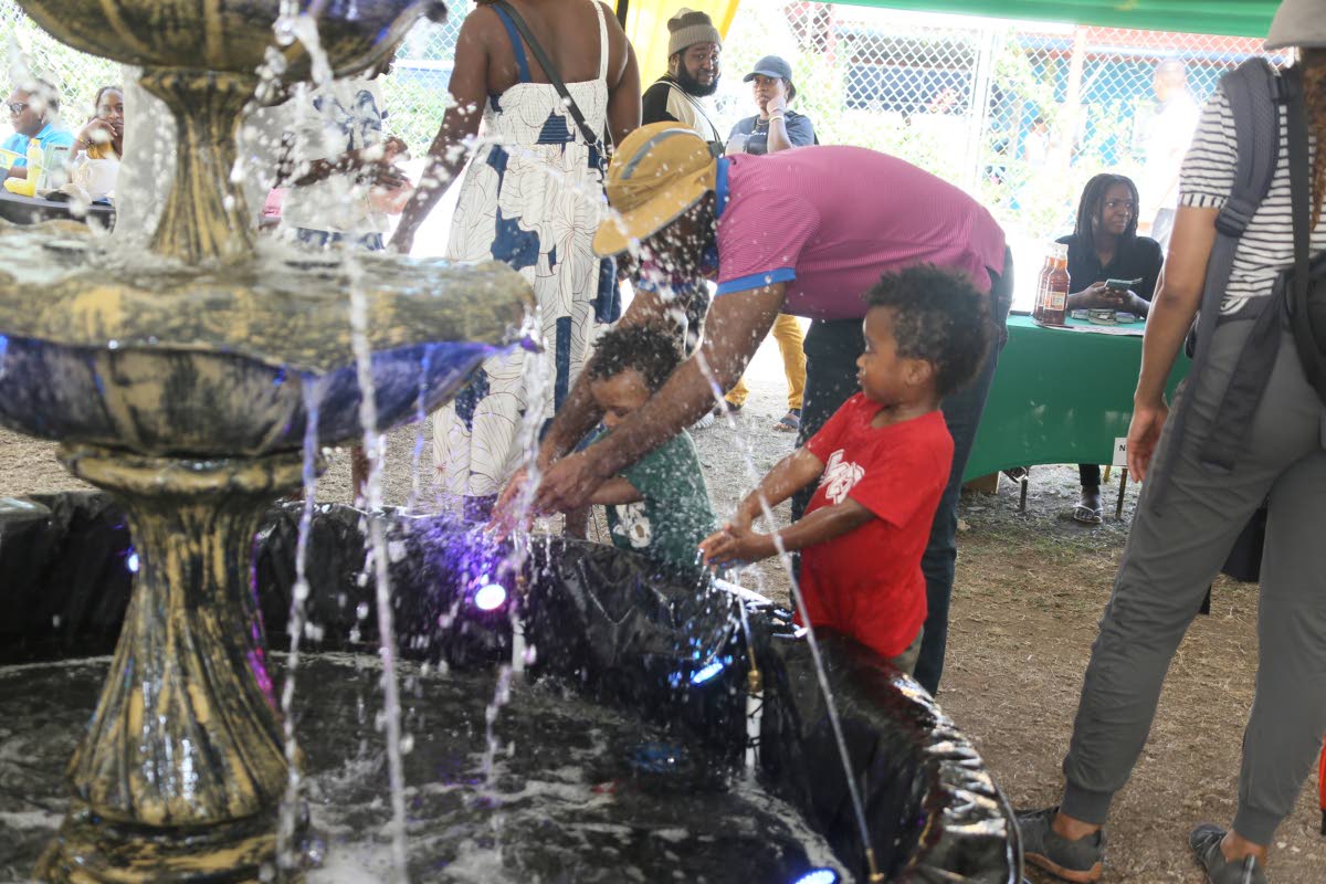 Two young boys cool down at a water fountain at the Denbigh Agricultural, Industrial and Food Show.