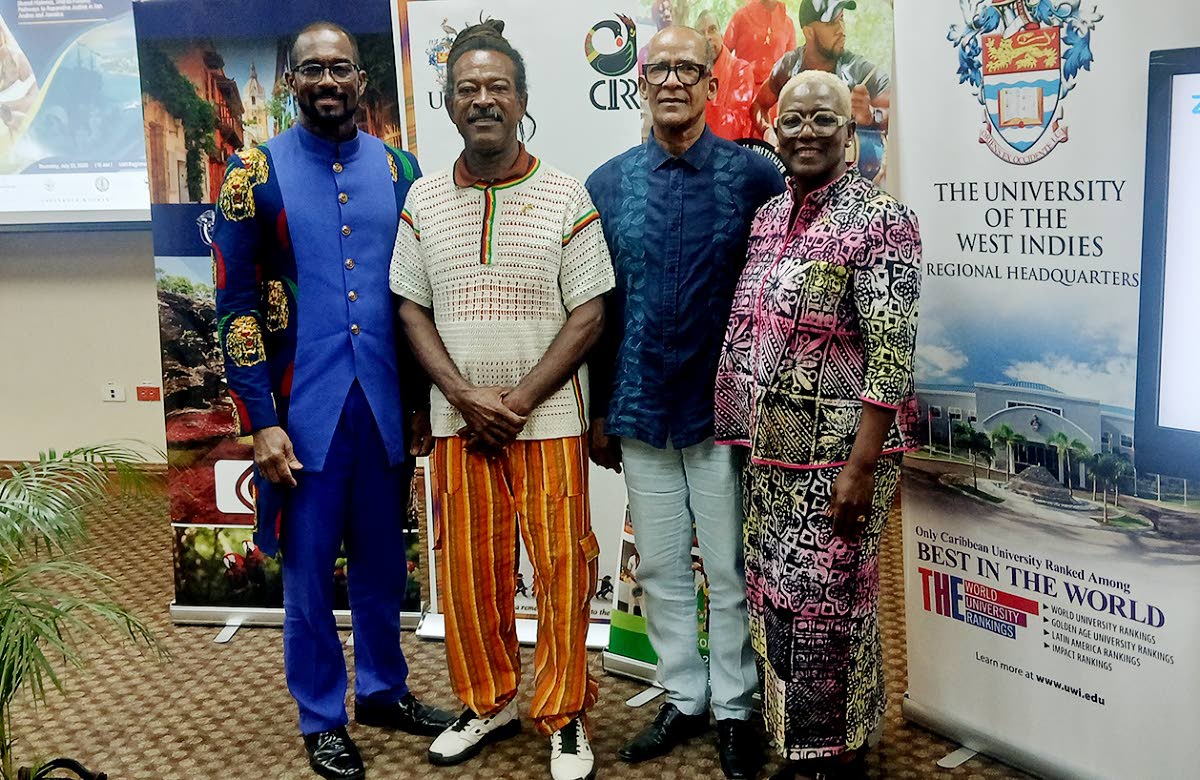 From left: Reverend Dr Alberto Gordon May, guest speaker and resident of San Andrés; musician Jimmy Archbold; fellow San Andrés resident Ishmael May; and Emiliana Bernard Stephenson, ambassador of the Republic of Colombia to Jamaica, at the Caribbean Con