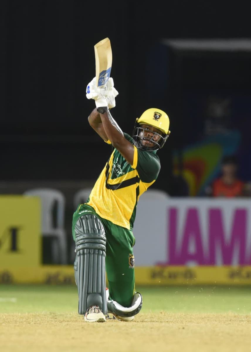 Jamaica Kingsmen batsman Kirk McKenzie lifts a delivery back over the bowler's head on his way to 69 during the Republic Bank Caribbean Premier League T20 game against the Trinbago Knight Riders at Sabina Park tonight.