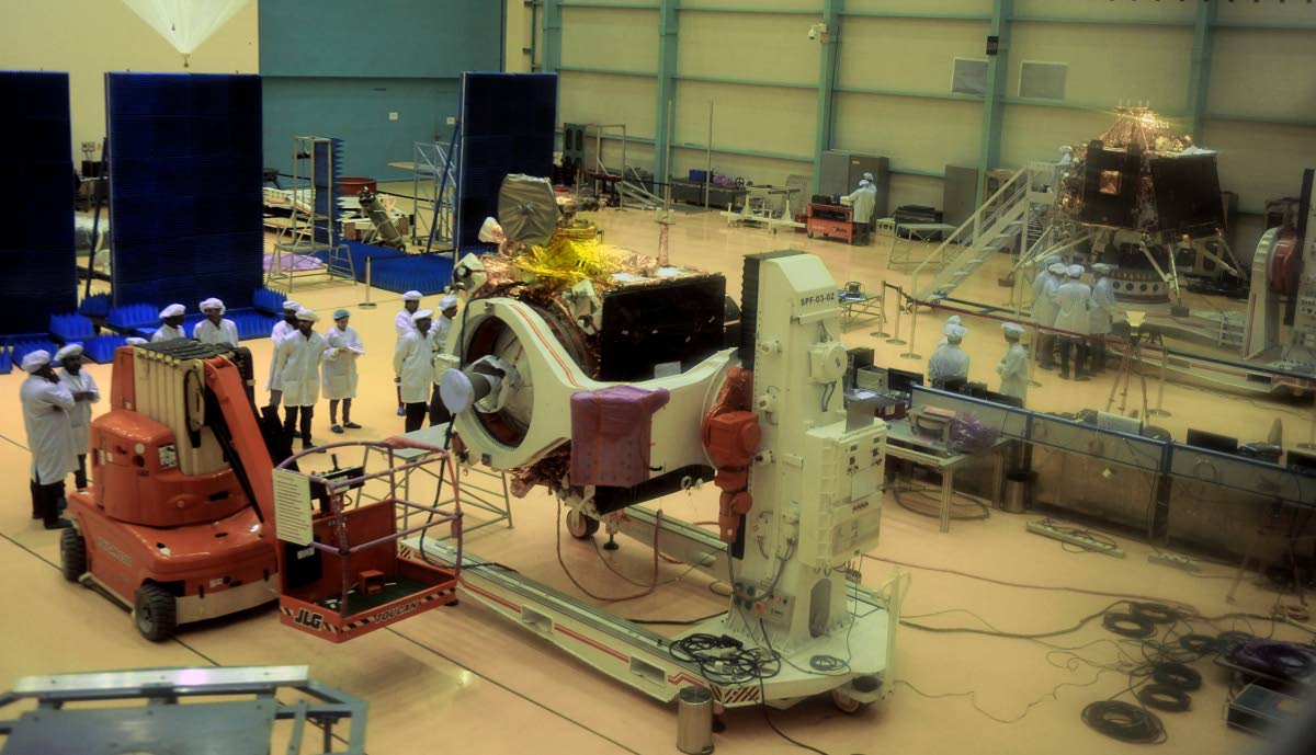 In this 2019 photo Moon Mission Chandrayan-2 spacecraft is on display at ISRO Satellite Integration and Test Establishment in the southern Indian city of Bengaluru (formerly Bangalore).