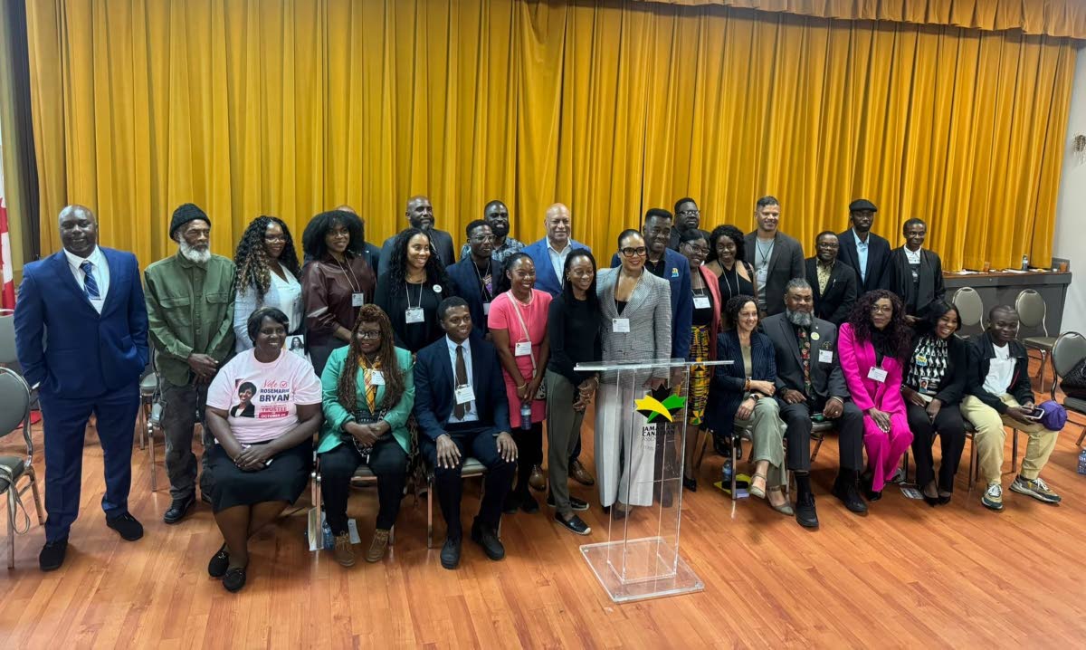 A group photo of the 30 black candidates running for city council and school board trustee positions in the October 26 municipal election in Ontario. They are joined by some of the organizers of the event.