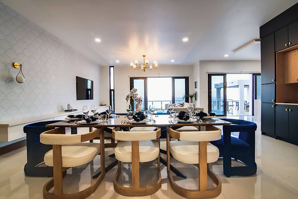 The interior reflects the home’s contemporary design aesthetic.