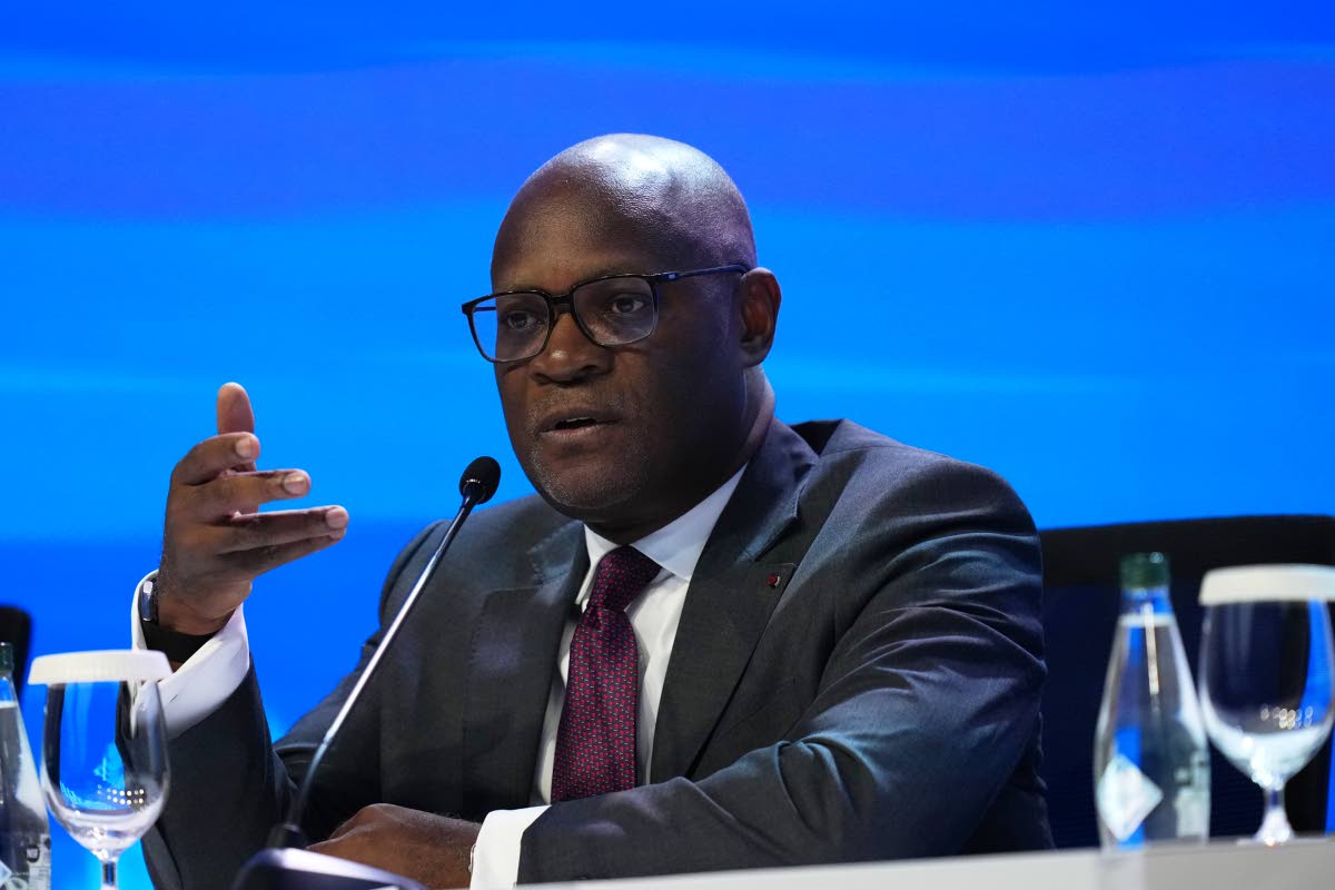 Congo Finance Minister Christian Yoka speaks at the African Finance Ministers’ news conference during the annual meetings of the International Monetary Fund and the World Bank Group in Bangkok, Thailand, on Thursday, October 15. AP 
