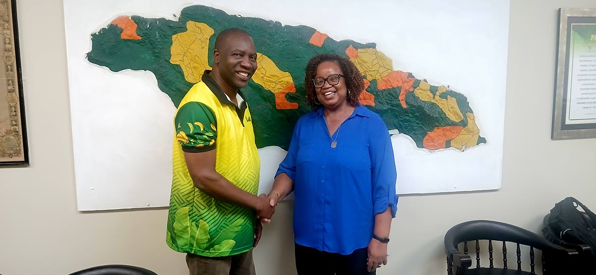 From left: Oral Lewis receiving a congratulatory handshake from Janet Conie, general manager at the Banana Board.