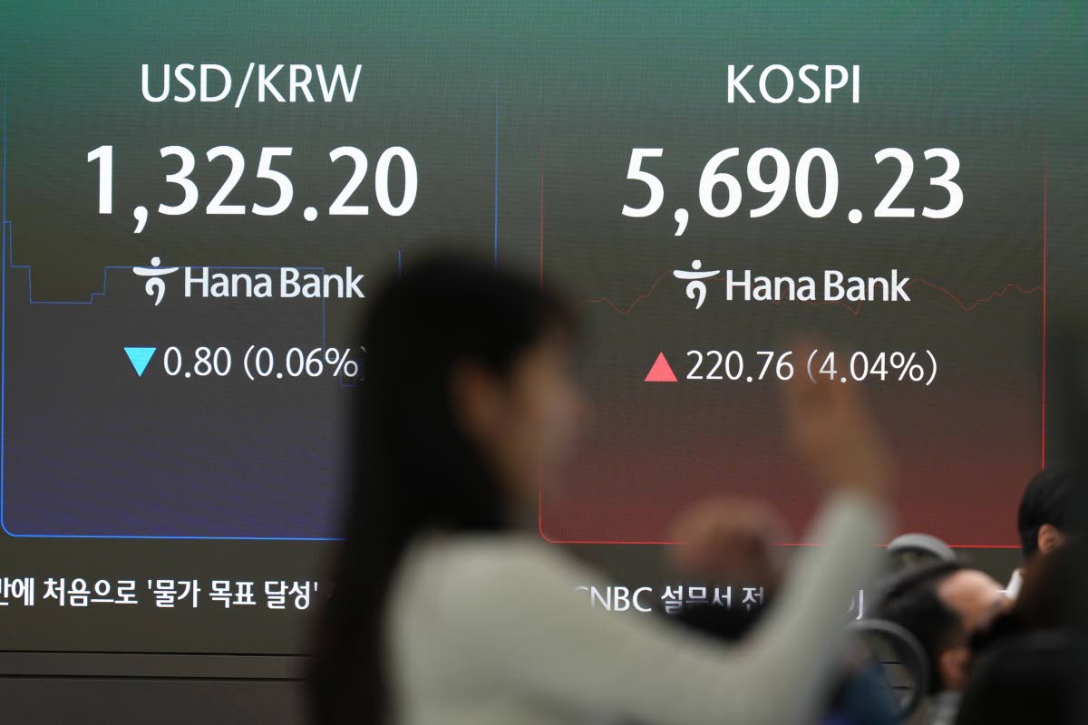 A dealer stands near the screens showing the Korea Composite Stock Price Index (KOSPI), right, and the foreign exchange rate between US dollar and South Korean won at a dealing room of Hana Bank in Seoul, South Korea, yesterday. 