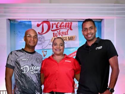 Nadine Hylton, brand manager at Red Stripe, is flanked by Ron Burke (left), marketing director, Dream Weekend and Kamal Bankay, Dream Weekend’s chairman, at the Dream Weekend Press Launch held at Pier One in Montego Bay on July 1, 2026.