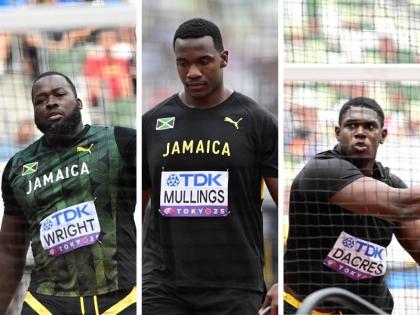 From left: Chad Wright, Ralford Mullings, and Fedrick Dacres competing at the World Athletics Championships in Tokyo.