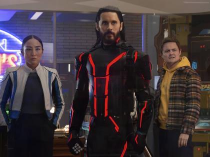 This image released by Disney shows (from left) Greta Lee, Jared Leto and Arturo Castro in a scene from ‘Tron: Ares’. 