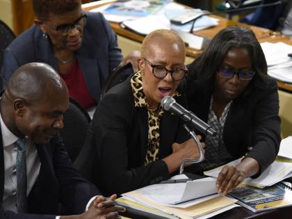 Minister of the Finance and the Public Service (MFPS) Fayval Williams (centre) answers questions during a sitting of the House of Representatives last Tuesday. Looking on are  Darlene Morrison (right), financial secretary, and Zavier Mayne, minister of sta