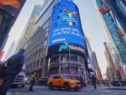 AP
Walmart is displayed on the facade of the Nasdaq MarketSite, in New York, on Tuesday, December 9, 2025. 