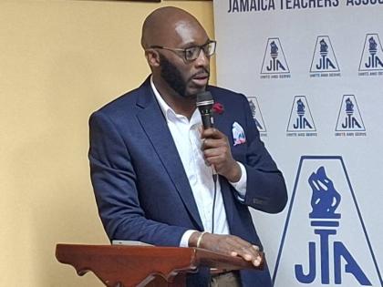 Mark Malabver, president of the Jamaica Teachers’ Association, addressing the reopening of his union’s Western Regional Office in Montego Bay, St James, yesterday. 