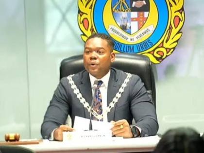 Montego Bay Mayor Richard Vernon addresses the St James Municipal Corporation’s monthly meeting on Thursday, April 9.