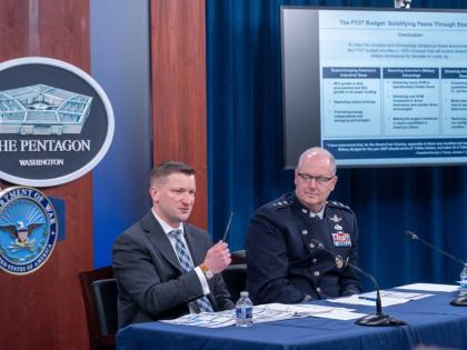 Acting Under Secretary of Defence and Comptroller, Jules Hurst III (left) and Director of Force Structure, Resources and Assessment of the Joint Chief of Staff Space Force Lieutenant General Steven Whitney, talk with members of the media during a briefing 