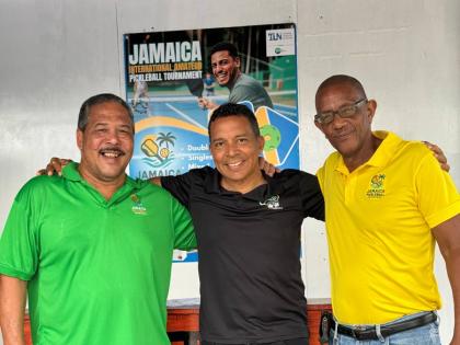 From left: Donald Lyew, director, Creative Sports and tournament organiser; David Shirley, Pickle n Chill co-founder/director; and John Issaacs, director at Creative Sports, share the lens during the launch of the inaugural Jamaica International Amateur Pi