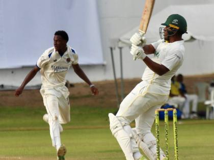 Jamaica Scorpions batsman Brad Barnes plays a hook shot against Barbados Pride pacer Johann Layne during their drawn West Indies Championship game at Sabina Park yesterday.