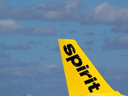 FILE - The tail of a Spirit Airlines Airbus A320 is shown as the plane prepares to take off from Fort Lauderdale-Hollywood International Airport, January 19, 2021, in Fort Lauderdale, Florida. (AP Photo/Wilfredo Lee, File)