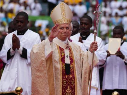 Pope Leo XIV arrives to celebrate the Holy mass at the Malabo stadium, in Malabo, Equatorial Guinea.