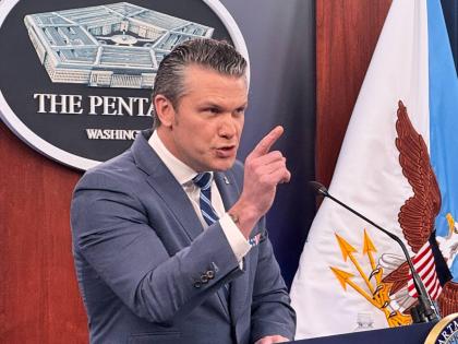 Defence Secretary Pete Hegseth speaks to members of the media during a press briefing at the Pentagon in Washington, Thursday, April 16, 2026. (AP Photo/Kevin Wolf)