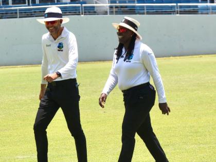  Jamaican umpires Christopher Taylor (left) and Jacqueline Williams officiated the West Indies Championship match between the Jamaican Scorpions and the Barbados Pride at Sabina Park on Tuesday.