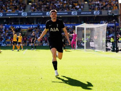 Tottenham Hotspur's Joao Palhinha celebrates scoring during the English Premier League football match between Wolverhampton Wanderers and Tottenham Hotspur in Wolverhampton, England on April 25, 2026. (Nick Potts/PA via AP)