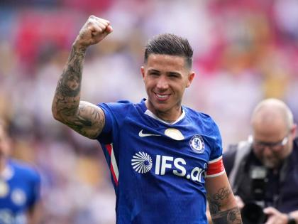 Chelsea’s Enzo Fernandez celebrates at the the end of the FA Cup semi-final  match against Leeds in London, England, yesterday.