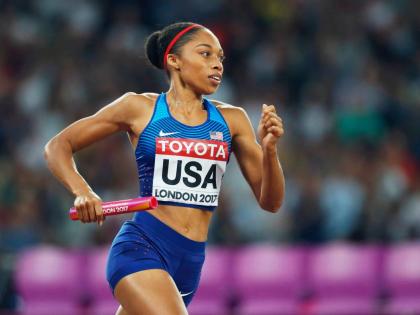 FILE - United States' Allyson Felix competes in the women's 4x400-meter final during the World Athletics Championships in London on Aug. 13, 2017. (AP Photo/Kirsty Wigglesworth, File)